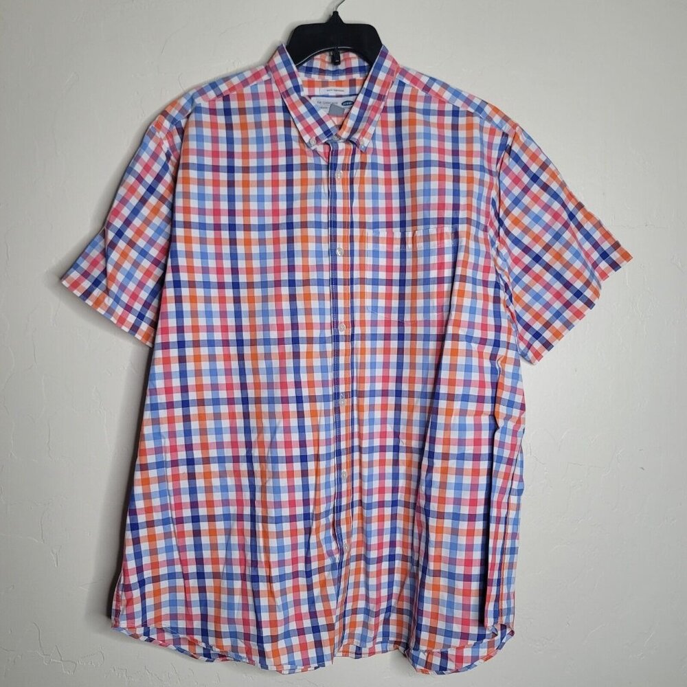 Old Navy Mens Shirt XXLarge Button Front Orange Blue White Pocket Short Sleeve